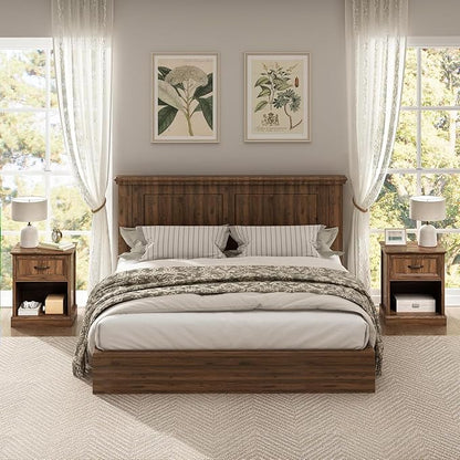 CARPETNAL Farmhouse Dresser and Nightstand Sets for Bedroom, 4 Pcs Bedroom Set, 5 Drawer & 9 Drawer Dresser and Nightstand Set of 2, Wood Chest of Drawers for Living Room, Entryway, Brown