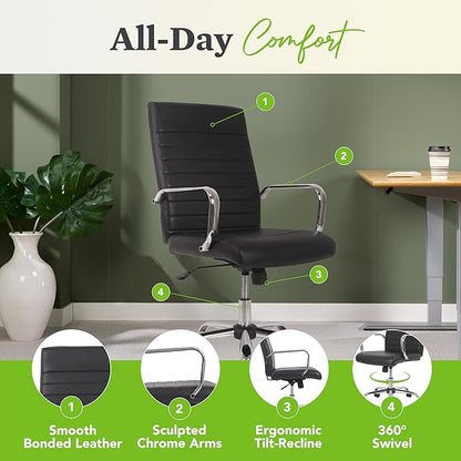 HON Sadie Executive Chair, Ergonomic Leather Office Chair with Chrome Arms and Back Support, for Computers, Desks, Home Offices, 360 Swivel, Black