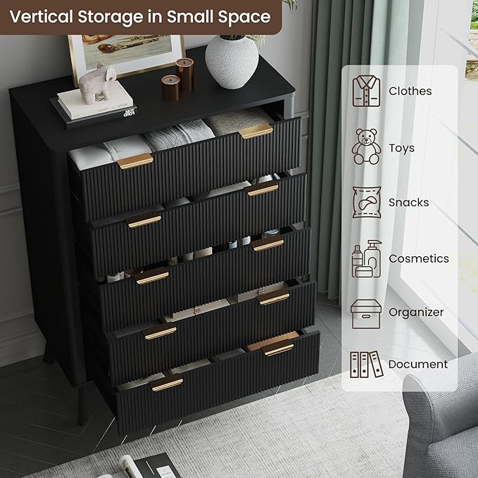 Fluted 5 Drawer Dresser, Tall Dresser with Deep Drawers, Wood Chest of Drawers for Bedroom, Modern Tall Chest Storage Organizer, Natural Finish for Hallway, Entryway, Living Room(Black)