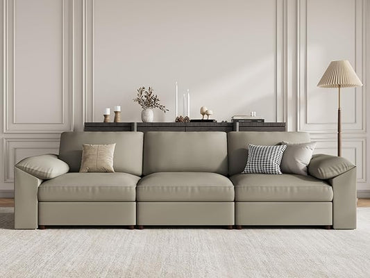 EASE MOOSE 3 Seater Deep Seat Sectional Sofa,Scratch Resistant Faux Leather Material, Oversized Modular Couch for Living Room,Modern Comfy Sofas for Small Spaces, Light Grey