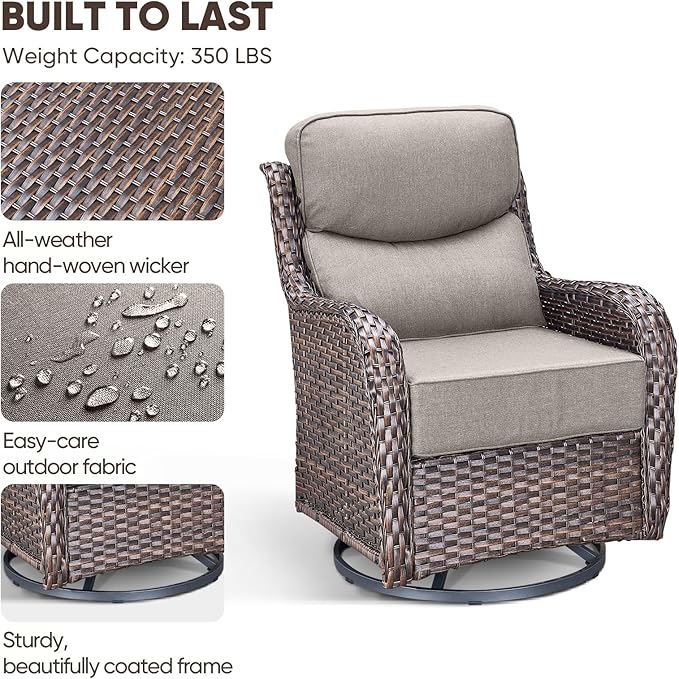 Swivel Patio Chairs sofa Set of 5 with 6" Thick Cushion - Wicker Outdoor Swivel Rocker Patio Chair with Side Table, High Back Comfortable Outdoor Glider Chairs - Brown Wicker | Grey Cushions