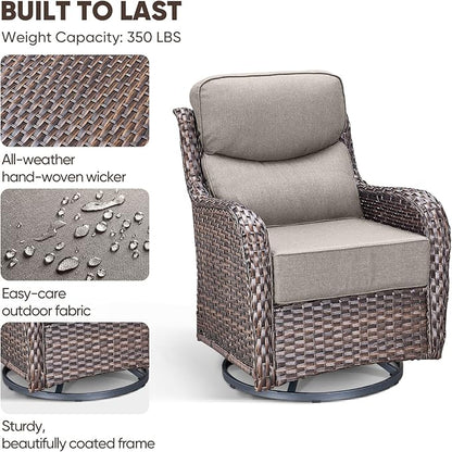 Swivel Patio Chairs sofa Set of 4 with 6" Thick Cushion - Wicker Outdoor Swivel Rocker Patio Chair with Side Table, High Back Comfortable Outdoor Glider Chairs - Brown Wicker | Grey Cushions