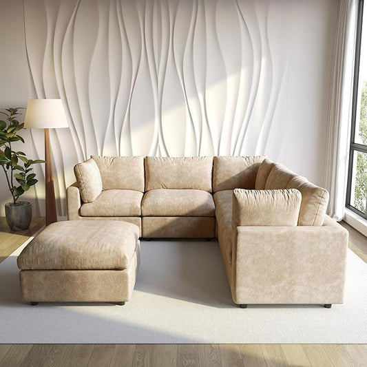 WJShome Cloud Couch Modular Sectional Sofa,100.5" V Shaped Couch, Convertible Wide Seater with Ottoman, 6 Seater for Living Room Set,Covers Washable&Replaceable,Khkai