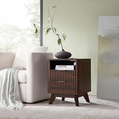 T4TREAM Fluted Nightstand Set of 2 with Charging Station, 18" Modern Side Table, 2 Drawers End Table with Storage, Bedside for Bedroom, Living Room, Curved Profile Design, Dark Walnut
