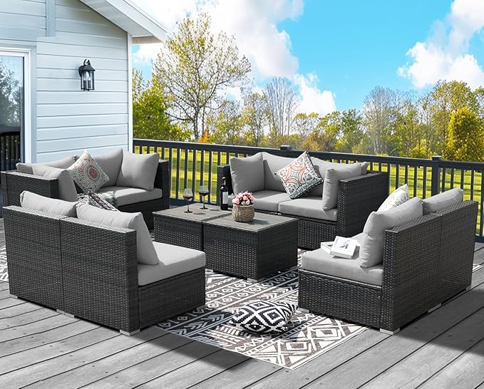NICESOUL 10 Piece Outdoor Furniture Sofa Set, Extra Large Size Patio Modular Sectional with Side Tables, 29.3'' High Back Comfy Rattan Conversations, High-End Luxurious Grey Wicker Couches Heavy Duty
