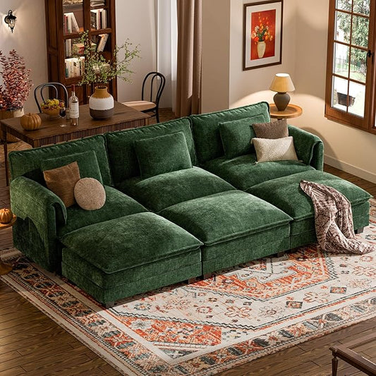 ELUCHANG 116" Luxury Modular Sectional Sofa, Comfy Deep Seat Cloud Couch, Sleeper Sofa Bed, 6 Seat Modern Couch with Removable Cover for Living Room, Apartment, DIY Combination, Chenille Olive Green