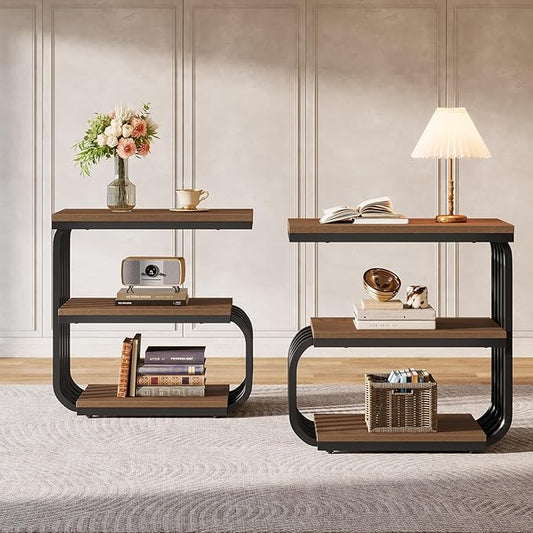 Tribesigns Small End Table, Narrow Side or Bedside Stand, 3 Tier Design Accent Table with Metal Frame, Industrial Vintage Nightstand for Living Room, or Small Spaces (2, Brown)