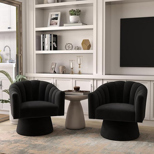 Swivel Accent Chair Set of 2, Upholstered Velvet 360° Swivel Barrel Chair for Living Room Overstuffed Bouncle Reading Chair Round Armchair for Bedroom,Vanity,Office (Black)