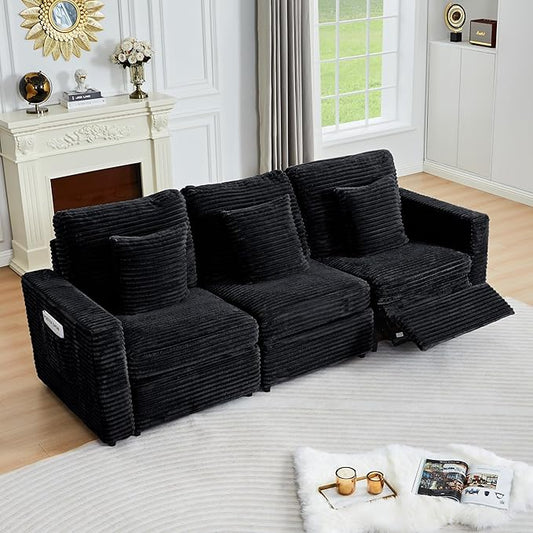 ORRD Power Reclining Sectional Sofa, Electric 3 Seat Recliner with 1 Electric Footrest and Adjustable Headrest, Modern Plush Corduroy Fluffy Reclining Sectional with Deep Seat for Living Room-Black