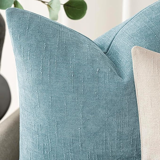 Foindtower Pack of 2 Textured Chenille Throw Decorative Pillow Covers Square Accent Solid Cushion Cover Neutral Farmhouse Pillow Case for Couch Sofa Bedroom Living Room 16x16 Inch,Light Blue