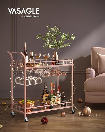 VASAGLE Bar Cart Gold, Home Bar Serving Cart, Wine Cart with 2 Mirrored Shelves, Wine Holders, Glass Holders, for Kitchen, Dining Room, Rose Gold ULRC090A07