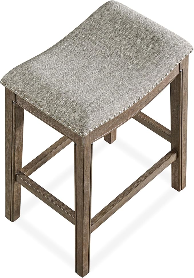 ROME + OAK Set of 3 Parker 26 Inch Counter Stool, Backless Saddle Kitchen Barstool in Walnut Finish with Grey Fabric Upholstery Cushion Seat