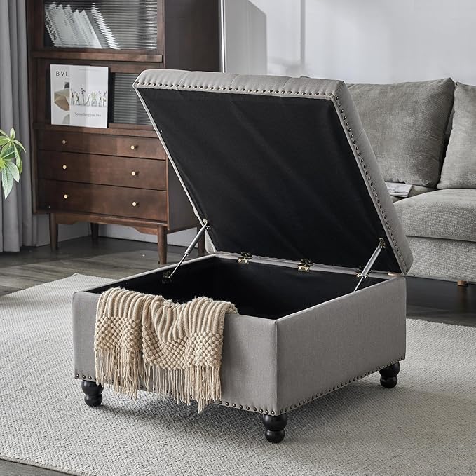 Ottoman with Storage, Large Storage Ottoman, 30 in Square Ottoman Coffee Table,Tufted Upholstered Coffee Tables for Living Room, Grey