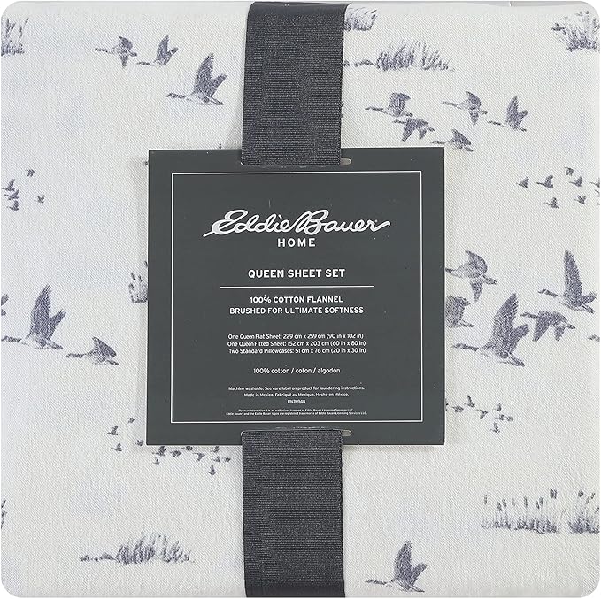 Eddie Bauer - Flannel Sheets Queen Size, Anti-Pilling & Wrinkle Resistant Cotton, Touchably Soft for All-Season Comfort - Bed Sheets with Matching Pillowcases & Fitted Sheet (Geese Meadow Yellow)