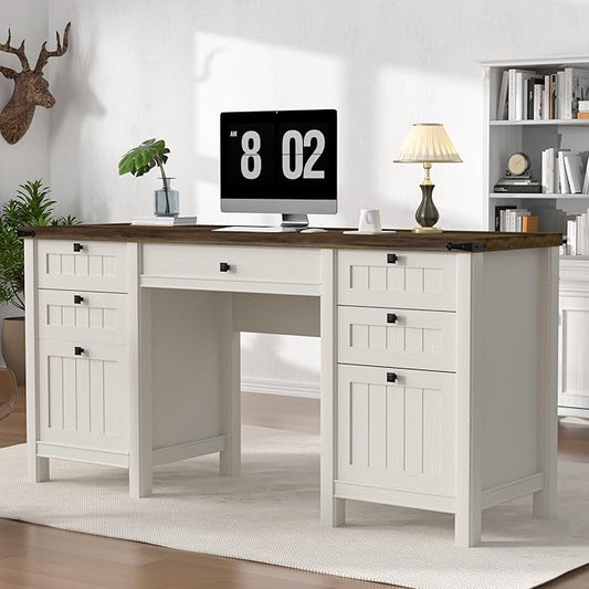 Executive Desk, Modern Farmhouse Computer Desk with Drawers & Cabinet, Home Office Desk for Work Study Writing Workspace (White, 62")
