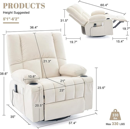 Swivel Rocker Chair with Heat and Massage, 270° Power Recliner Chairs for Adults, USB and Type-C Ports, Oversized Recliner Single Sofa, Electric Glider Chair(Beige)