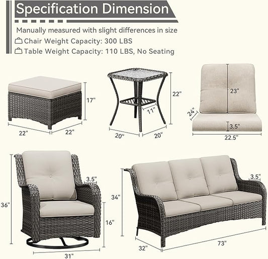 Wicker Patio Furniture Set 6 Piece, Outdoor Furniture Patio Conversation Set Includes 1 Three-Seat Sofa, 2 Swivel Rocker Chairs, 2 Ottomans and 1 Side Table,Beige