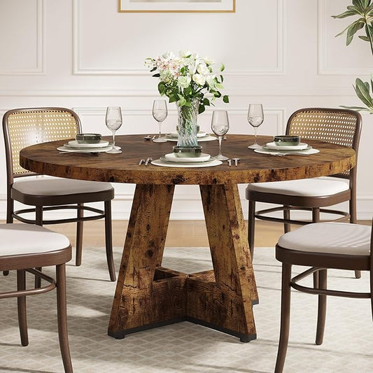 Tribesigns Round Dining Table for 4, 47 inch Farmhouse Circle Kitchen Table with Wooden Pedestal Base for Kitchen, Dining Room, Living Room (Rustic Brown)