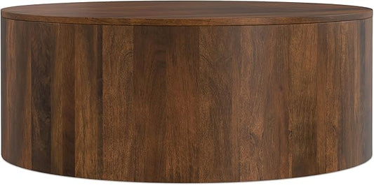 SIMPLIHOME Millbury Drum Coffee Table - 36 inch Wide Solid Mango Wood Round Living Room Table in Walnut Brown, Contemporary Cocktail Table for Family Room or Lounge with Large Surface, Assembled