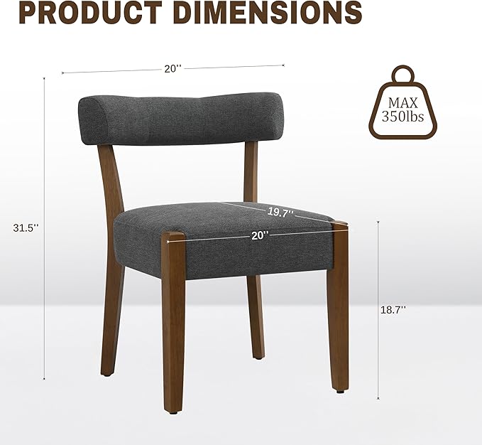 Modern Dining Chairs Set of 8, Walnut Upholstered Kitchen & Dining Room Chairs, Mid Century Wooden Dining Chairs Oversized Sturdy Fabric Rounded Chairs Curved Back, Dark Grey