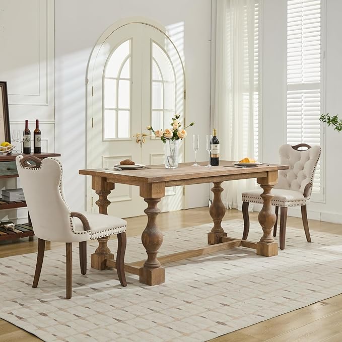 Velvet Dining Chairs Set of 2, Solid Wood Handles, Wooden Upholstered Dining Chair, Vintage Copper Nail Decoration, Mid Century Modern Kitchen Chair (Beige, Set of 2)