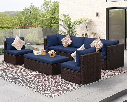 NICESOUL 8 Person Modern Deck Furniture Set, 29.3'' High Back Comfy Outdoor Sectional Sofa Set, Extra Large Wicker Patio Conversation Seating Sets for Terrace, Brown Rattan and Navy Blue Cushion