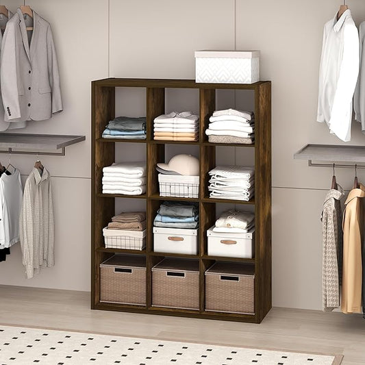 Furinno Cubic Closet Organizers and Storage, 12-Cube Closet Organizer, Open Shelf Closet Storage, Extra Thick Frame for Wardrobe, Bedroom, Living Room, Amber Pine