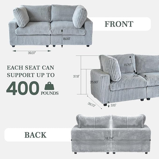 78.74" Oversized Loveseat Sofa, Deep Seat Cloud Couch, 2 Seat Comfy Modular Sectional Couches for Living Room, Plush Couch Cushion Covers Removable, Gray