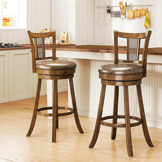 COSTWAY Barstools Set of 2, 30” Solid Rubber Wood Swivel Bar Chairs with Faux Leather Seat, Curved PE Rattan Back, for Living Room & Kitchen Island, Brown (2, 30” Seat Height)