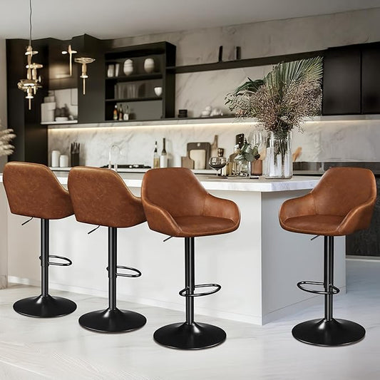 Yaheetech Bar Stools Set of 4, PU Leather Swivel Counter Height Barstools, Adjustable Bar Chairs with Backrest and Footrest, Kitchen Island Stool for Home Kitchen, Retro Brown