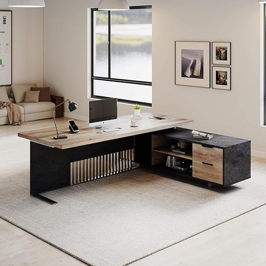 78.7 Inch Large Executive Desk with Drawers Cabinet, L Shaped Office Desk, Computer Desk with Universal Charging Ports and Cable Management for Business Furniture Set Workstation for Home Office