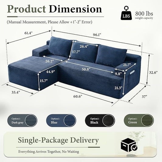 96''Sectional Couches for Living Room,Modern Modular Sectional Sofa,Upholstered Boneless Couch with Pockets,Comfy Cloud Couch with L Shaped Chaise (Blue, 96''W Left Facing Chaise)