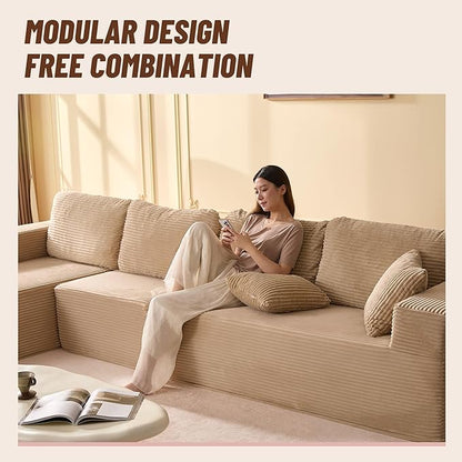 138" Boneless Couch with Deep Seat, Modular Sectional Sofa, Cloud Sectional Couch for Living Room, No Assembly Required, Corduroy, 4 Seater L-Shape Left, Camel