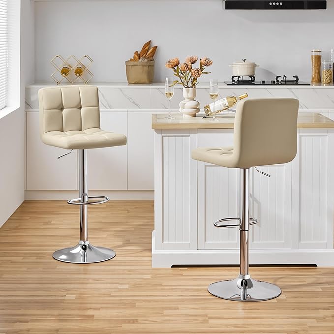 Yaheetech Bar Stools Set of 4, Adjustable PU Leather Swivel Barstools, Modern Counter Stools with Back and Footrest, Counter Height Barstools for Bar, Kitchen, Dining Room, Khaki