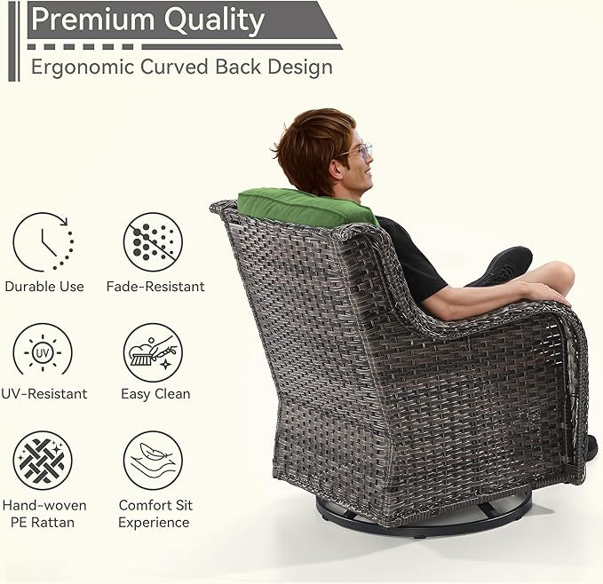 Outdoor Swivel Rocker Patio Chairs Set of 2 - Outdoor Wicker Patio Conversation Sets 2 Pieces with Olefin Fabric Cushions Suitable for Backyard Deck and Porch, Green
