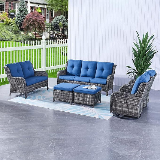 HUMMUH 6 Piece Patio Furniture Set PE Wicker Rattan 3-Seat Outdoor Sectional Sofa with Love Seats,Patio Swivel Chairs,Ottomans Conversation Sets for Garden, Poolside, Backyard