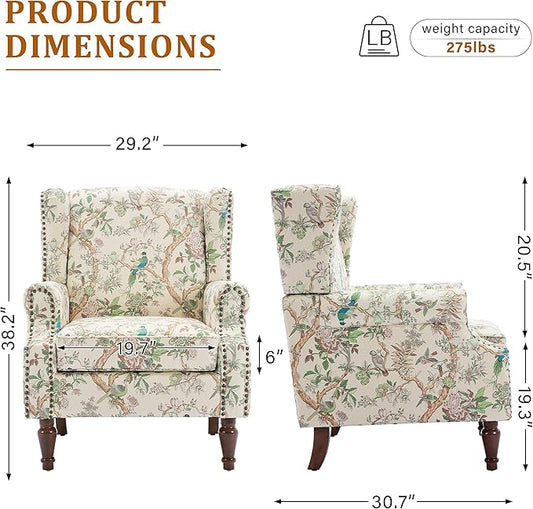 Wingback Accent Chair, High Back Upholstered Armchair, Printed Fabric Wingback Arms Chairs with Wood Legs, Single Sofa Reading Chair for Bedroom Living Room, Bird