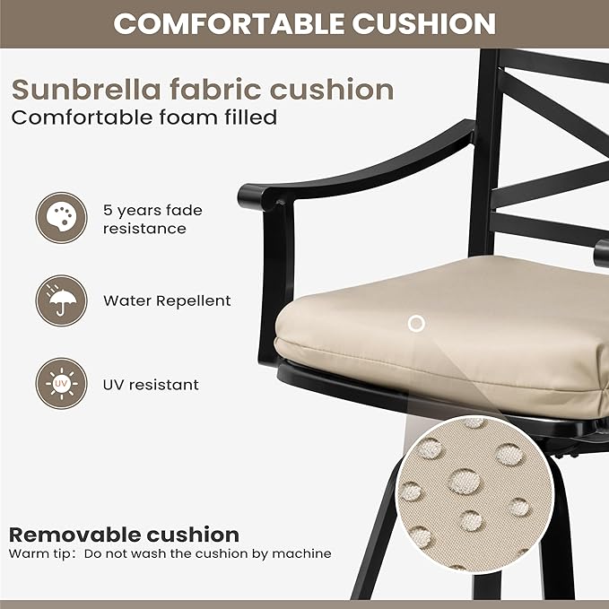 Pellebant 4 Pack Sunbrella Outdoor Bar Stools 30", Aluminum Swivel Patio Bar Height Bar Stools with Footrest and Backrest, for Deck Lawn Garden(Canvas Antique Beige)