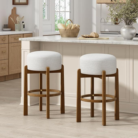 Christopher Knight Home Lera Modern Counter Height Bar Stools Set of 2, Fabric Round Stool Chair for Kitchen Island, Wooden Dining Room Chair, Upholstered Counter Stool with Footrest,Dark Walnut+Ivory
