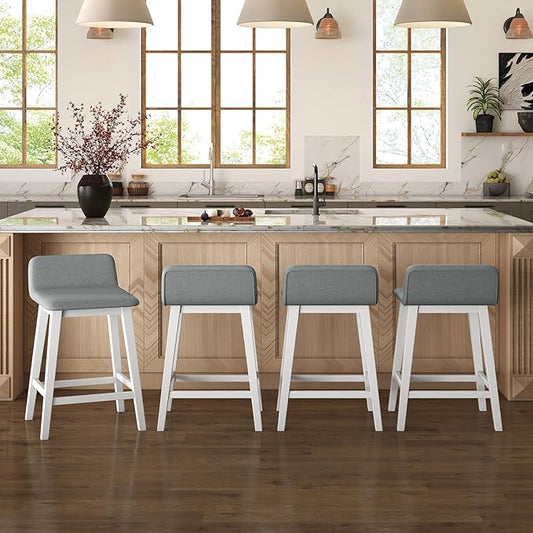COSTWAY Wooden Counter Stools Set of 4, 24-inch Height Upholstered Padded Seat, Low Backrest, Footrest, Rubber Wood Legs, Armless Barstools for Kitchen Island, Dining Room, White+Gray