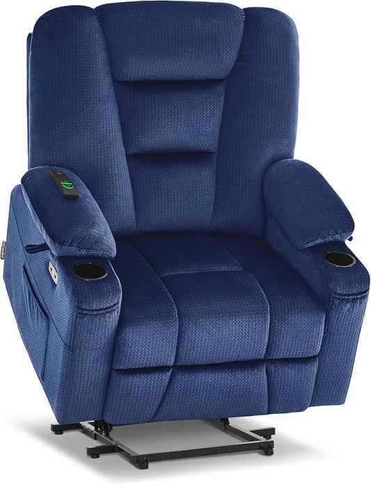 MCombo Oversized Power Lift Recliner Chair Sofa with Massage and Heat for Elderly People Petite, USB Ports, Side Pockets, Fabric R7561 (Navy Blue, Small-Oversize)