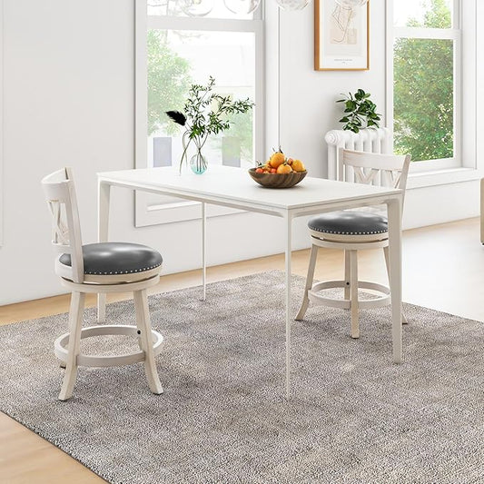 COSTWAY Bar Stool Set of 2 for Kitchen Island, 25.5” Swivel Armless Counter Height Stools with 20'' Wider Padded Seat, Ergonomic Curved Backrest, Rubber Wood Frame (2, Antique White + Gray)