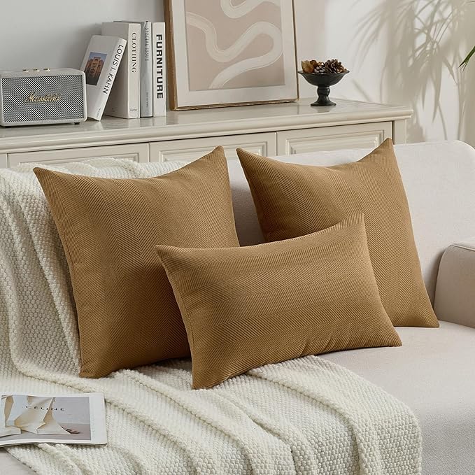 FUTEI Camel Chenille Throw Pillow Covers 12x20 Inch Set of 2,Soft Wide Chevron Textured Lumbar Pillow Cases,Farmhouse Home Decor for Couch Bed Living Room