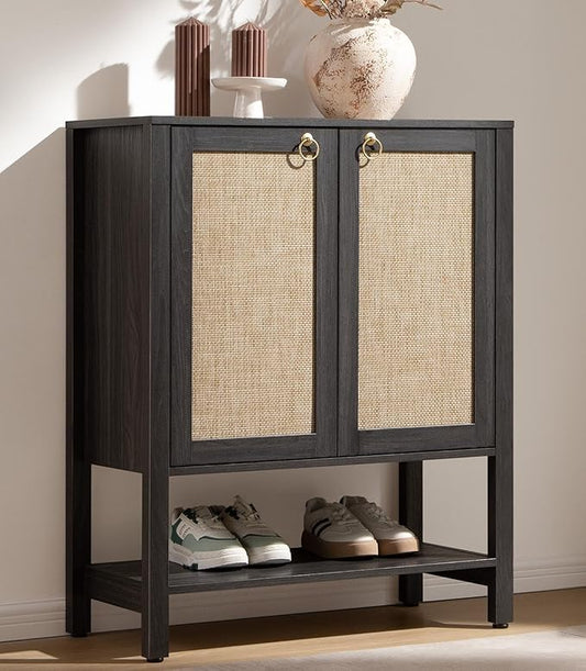 SICOTAS Rattan Shoe Storage Cabinet - 5 Tier Farmhouse Boho Shoe Storage Organizer Cabinet with Doors and Shelves, Tall Shoe Rack for Entryway, Hallway, Living Room, Closet (Obsidian)
