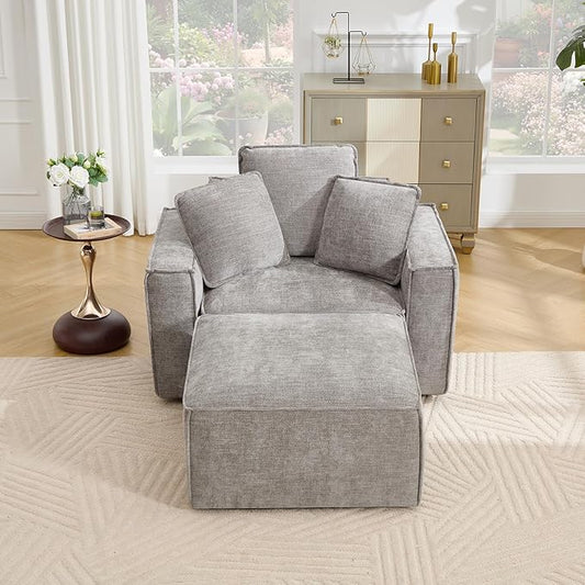 WILLOVE 47'' Single Sofa with Ottoman, Chenille Cloud Couch with Wide Armrests & 3 Pillows, Deep Seat Couches for Living Room, Grey