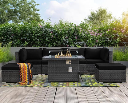 NICESOUL 7 Piece Outdoor Patio Sectional Furniture Set with Firepit Natural Gas/Propane, 29.3'' High-Back Comfy Conversations for Outside, Oversized Wide Wicker Couches, 2 Color Cushion Black & Gray
