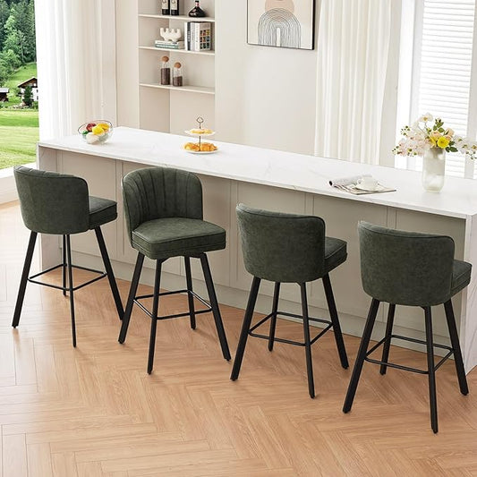 Swivel Counter Height Bar Stools Set of 4, 30'' Modern Barstools with Backs and Metal Legs, Upholstered Bar Chairs, Faux Leather Green Stools for Kitchen Island Chairs