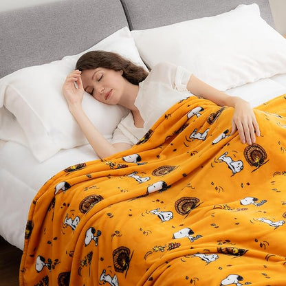 Berkshire Blanket Peanuts® VelvetLoft® Cute Character Snoopy Plush Blanket,Snoopy and Woodstock Fall Birds & Leafs Orange,King 90 in x 108 in (Official Peanuts® Product)