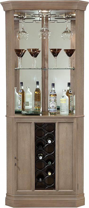 Howard Miller Piedmont VI Corner Bar Cabinet – Wooden Homebar with Rack, Stemware Holder, Adjustable Glass Shelves, Locking Door, Lighted Storage Unit for Living Room or Entertainment Area