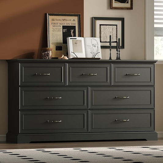 Farmhouse 7 Drawers Dresser for Bedroom, 57" Wide Modern Chest of Drawers with Deep Drawers & Bar Handles, Rustic Wood Dresser TV Stand, Wooden Closet Storage Organizer for Living Room, Hallway, Black